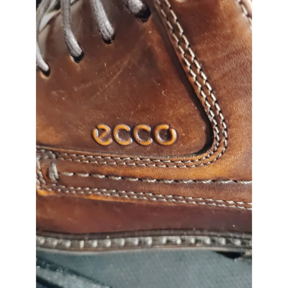 Ecco Brown Leather Lace Tie Almond Toe Derby 43 US 9.5 Preppy Oxford Dress Shoes